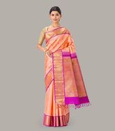 Light Peach Handloom Kanchipuram Korvai Silk Saree With Zari Buttas