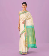 Cream Handloom Kanchipuram Silk Saree With Zari Buttas & Contrast Border