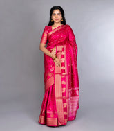Hot Pink Woven Synthetic Dola Saree With Stripes & Buttas