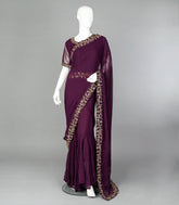 Burgundy Ready to Wear Chiffon Saree With Embroidery Border & Blouse