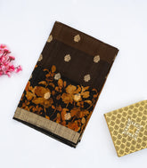 Black & Mustard Handloom Tussar Silk Saree With Floral Motifs