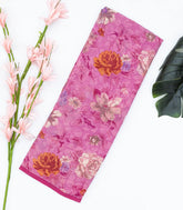 Bubble-gum Pink Woven Digital Printed Chiffon Silk Saree With Floral Motifs