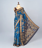 Blue Woven Synthetic Viscose Saree With Printed Kalamkari Motifs-BL4638