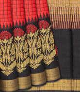 Red Handwoven Tussar Silk Saree With Checks-Red