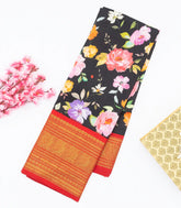 Black Handloom Kanchipuram Korvai Silk Saree Printed With Flower Motifs
