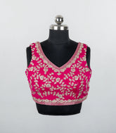 Pink Embroidered Blended Raw Silk Readymade Sleeveless Blouse RB5201