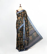 Black Woven Art Linen Saree With Printed Floral Motifs and Blue border-BL4678