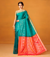 Teal Handloom Soft Silk Saree With Floral Motifs & Contrast Pallu-SO3994
