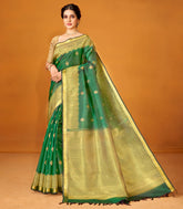 Bottle Green Handloom Kanchipuram Silk Saree With Floral Buttas-KA12615