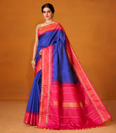 Dark Blue Handloom Korvai Kanchipuram Silk Saree With Contrast Border-KA12611