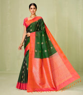 Bottle Green Handloom Soft Silk Saree With Buttas & Contrast Border-SO4034