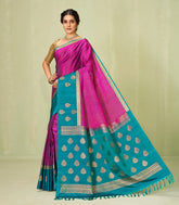 Magenta Handloom Soft Silk Saree With Stripes & Contrast Border-SO4023