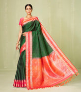 Bottle Green Handloom Soft Silk Saree With Checks & Contrast Border-SO4036
