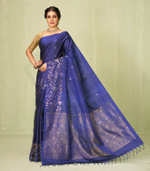 Navy Blue Handloom Soft Silk Saree With Floral Motifs-SO3997