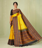 Yellow Handloom Korvai Kanchipuram Silk Saree With Checks & Black Border-KA12606