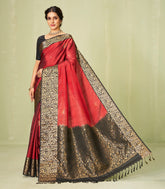 Rust Handloom Soft Silk Saree With Floral Motifs & Black Border-SO3995