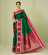 Dark Green Handloom Soft Silk Saree With Buttas & Contrast Border-SO4052