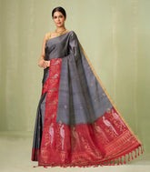 Dark Grey Handloom Soft Silk Saree With Floral Motifs & Rust Border-SO3996