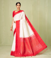 White Handloom Soft Silk Saree With Floral Motifs & Contrast Border-SO4017