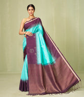Turquoise Handloom Soft Silk Saree With Checks & Contrast Border-SO4032