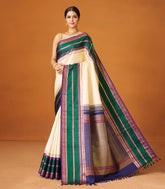 Cream Handloom Korvai Kanchipuram Silk Saree With Buttas & Contrast Border-KA12619