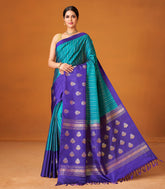 Teal Handloom Soft Silk Saree With stripes & Contrast Border-SO4022