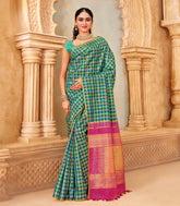 Aquamarine Handloom Silk Saree With Madras Kattam-KA16442