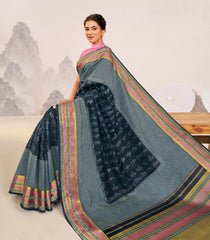 Dark Indigo Handloom Japanese Indigo Natural Dyed Silk Saree With Kimono Motifs-KA16387