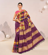 Multicolour Checks Handloom Natural Dyed Muppagam Silk Saree-KA16223