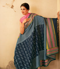 Dark Indigo Handloom Japanese Indigo Natural Dyed Silk Saree With Kimono Motifs-KA16387