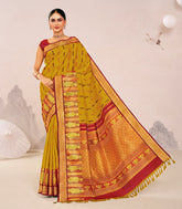 Oil Mustard Handloom Japanese Bijinga Silk Saree With Metallic Japanese Silhouette-KA16399