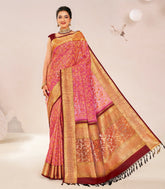Peach Handloom Kili Kodi Lino Silk Saree With Meena Motifs-KA16401