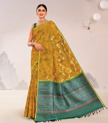 Mustard Handloom Woodblock Lino Silk Saree With Abstract Japanese Motifs-KA16391