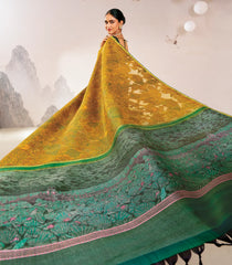Mustard Handloom Woodblock Lino Silk Saree With Abstract Japanese Motifs-KA16391