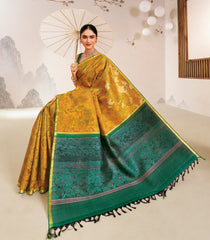 Mustard Handloom Woodblock Lino Silk Saree With Abstract Japanese Motifs-KA16391
