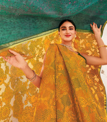 Mustard Handloom Woodblock Lino Silk Saree With Abstract Japanese Motifs-KA16391