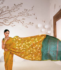 Mustard Handloom Woodblock Lino Silk Saree With Abstract Japanese Motifs-KA16391
