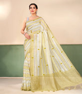 Yellow Handloom Linen Saree With Printed & Embroidered Floral Motifs-LI0788