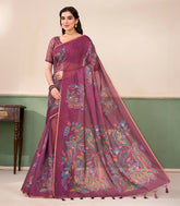 Chestnut Pink Printed Synthetic Linen Saree With Kalamkari Motifs-SY0498