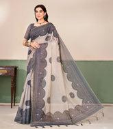 Taupe Printed Synthetic Linen Tissue Saree With Contrast Grey Border-SY0499