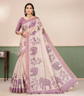 Taupe Printed Synthetic Linen Tissue Saree With Contrast Pink Border-SY0500