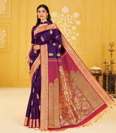Dark Purple Handloom Kalpavruksham Silk Saree With Floral Buttas & Tree of Life Pallu-KA16395