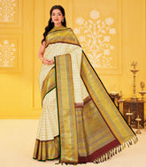 Off White Handloom Golden Pearl Kattam Korvai Silk Saree With Veldari Checks -KA16390