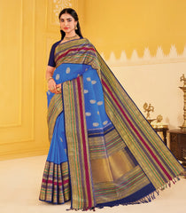 Azure Blue Handloom Mayil Thuttham Korvai Silk Saree With Meena Buttas-KA16398