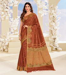 Rustic Brown Handloom Natural Dyed Chrysanthemum Silk Saree With Running Border-KA12627