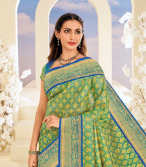 Green Handloom Lino Silk Saree With Jamdhani Dubla Jaal -KA12626