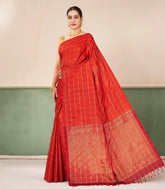 Red Handloom Soft Silk Saree With Floral Zari Checks-SO4730