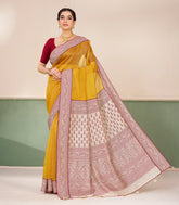 Yellow Printed Tussar Silk Saree With Stripes & Contrast Printed Border-TU3692