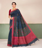 Indigo Printed Tussar Silk Saree With Floral Motifs In Border-TU3689