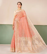 Peach Handloom Banarasi Organza Silk Saree With Floral Vine Motifs-BE1884